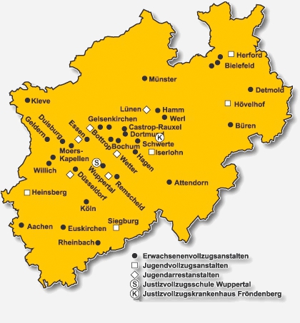 Übersichtskarte der Justizvollzugsanstalten im Land NRW