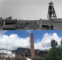 Eine historische Aufnahme der Zeche "Neu-Iserlohn" ist einer aktuellen Aufnahme der Berufsförderungsstätte gegenübergestellt Eine historische Aufnahme der Zeche "Neu-Iserlohn" ist einer aktuellen Aufnahme der Berufsförderungsstätte gegenübergestellt